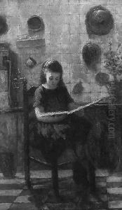 A young girl reading in a kitchen by Ludovians Johannes Van Erven Dorens