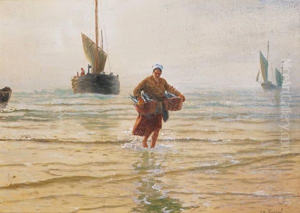 Retour De Peche, Femme Rapportant Les Paniers De Poissons - view 1