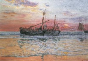 Grandes Barques De Peche Pres Des Cotes Au Soleil Couchant