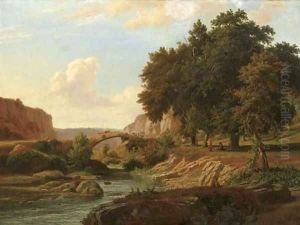 A shepherd and cattle crossing a bridge in an Italianate landscape by Pierre Louis Dubourcq