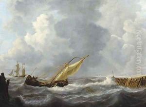 Sailing vessels by a harbour entrance