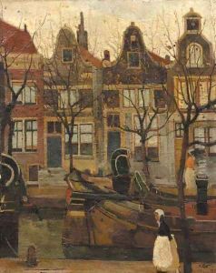 A city view with figures at a canal
