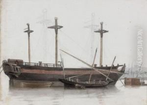 Etude De Trois-mats Accompagne D'une Barque A Voiles Latines