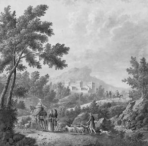 Peasants and herdsmen in an Italianate landscape