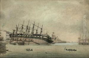A Frigate Beached And Under Repair In A Dockyard At Marseilles by Joseph Roux