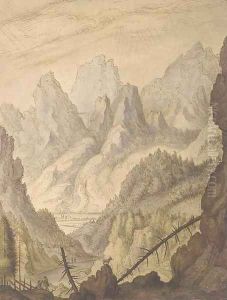 A mountainous landscape with a goat on a rocky outcrop by Lambert Doomer