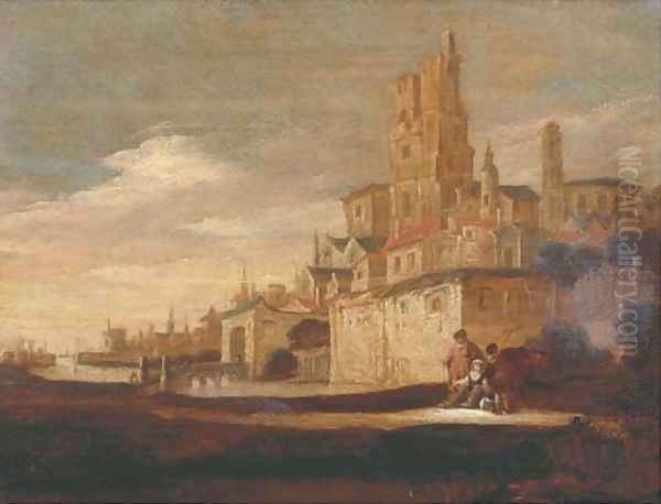 Figures resting outside the walls of a town - view 1