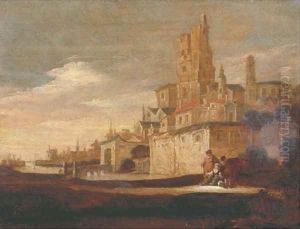 Figures resting outside the walls of a town by Lambert Doomer