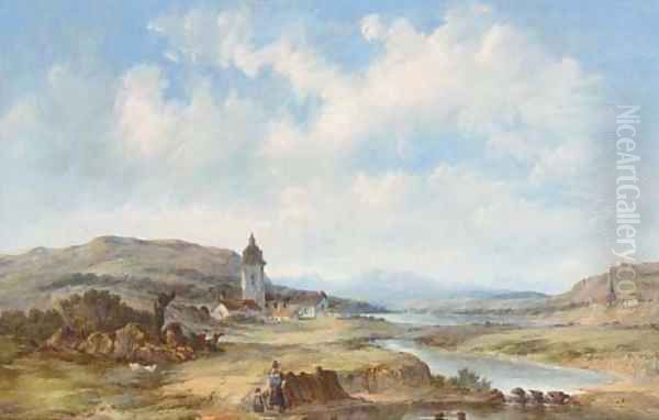 Figures gathering water before a Tyrolean hamlet - view 1