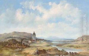 Figures gathering water before a Tyrolean hamlet
