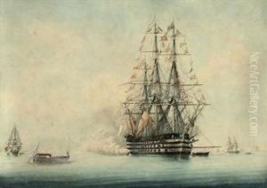 A French First-rate Lying At Anchor In The Roadstead At Toulon by Francois Geoffroy Roux