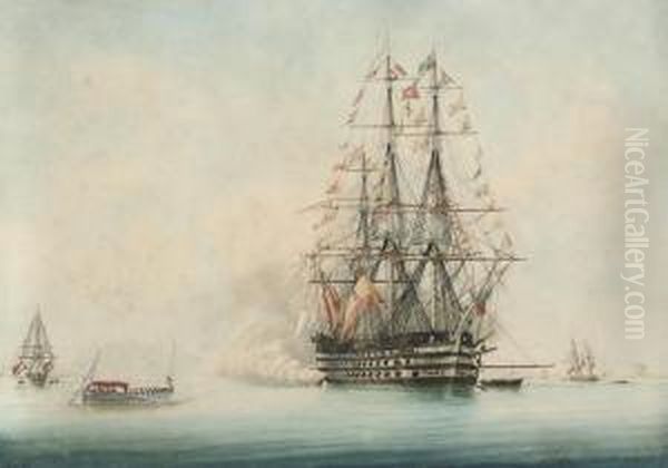 A French First Rate Lying At
Anchor In The Roadstead At Toulon,dressed Overall For An Important
Visitor Approaching In Abarge - view 1