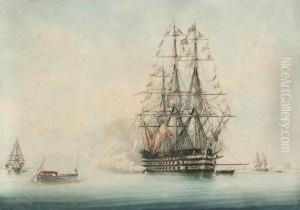 A French First Rate Lying At 
Anchor In The Roadstead At Toulon,dressed Overall For An Important 
Visitor Approaching In Abarge by Francois Geoffroy Roux