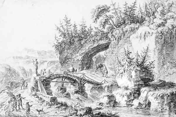 An extensive mountainous landscape with pilgrims on a bridge - view 1