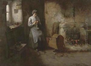 Knitting socks, a mother and baby in a kitchen interior by Henry John Dobson