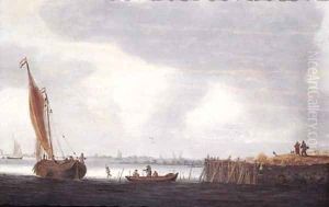 A smalschip setting out from a harbour at dawn with fishermen in a rowing boat by Hieronymous Van Diest
