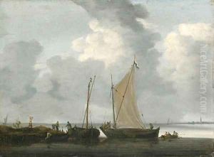 Fishermen unloading their Catch in calm Waters by Hieronymous Van Diest