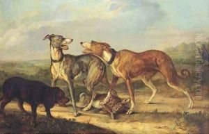 Hounds fighting over a hare in an extensive landscape