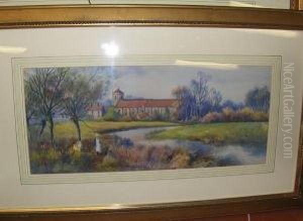 Girl On The Riverbank, With Distant Church - view 1