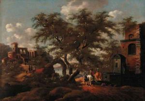 A wooded landscape with herdsmen and cattle at a fountain, a lake beyond