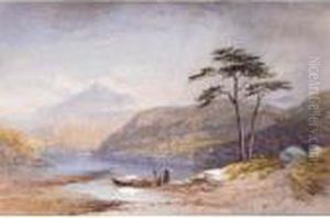 Figures By A Boat On The Shore Of Loch Lomond, Scotland by Thomas Leeson Rowbotham