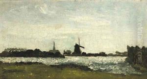 River landscape with steeple and mill by Theo van Doesburg