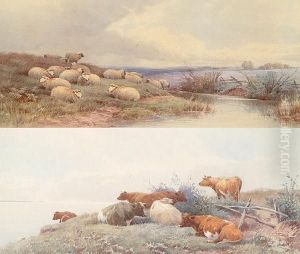 Coastal Scene With Cattle Resting; And Another Of A River Landscape With Sheep by Thomas, Tom Rowden