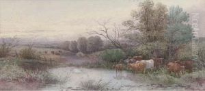 Cattle Watering At Dusk (illustrated); And Sheep Resting By Ariver by Thomas, Tom Rowden