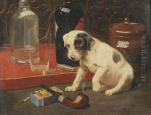 Study Of A Terrier Pup, Looking At A Pipe And Box Of Matches by George Derville Rowlandson