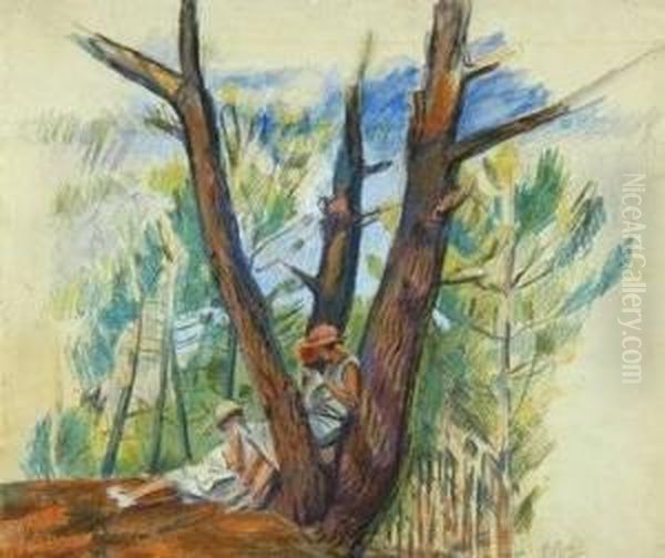Two Girls Sewing Under Pine Trees In The South Of France - view 1