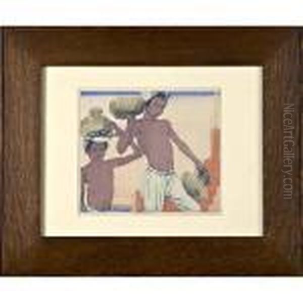 Color Woodcut, "water Carriers." Matte - view 1