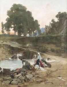 Wascherinnen An Einem Teich.