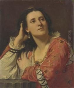 Portrait D'une Jeune Femme Accoudee A Une Colonne by Lionel Noel Royer