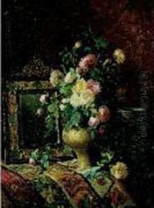 Nature Morte Au Bouquet De Roses Dans Un Vase Ottoman Et Iznik by Dominique Rozier
