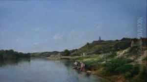 River Landscape With Washer 
Women In Foreground, A Village And Church On Hill In Background