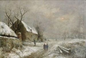 Silhouettes Pres D'une Chaumiere En Hiver by Jules Rozier