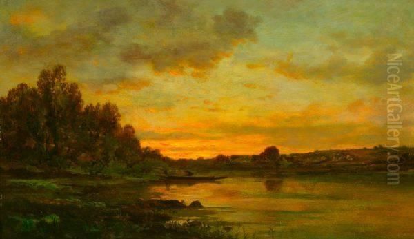 Sunset Over River With Barge And Figures - view 1