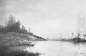 Barque Et Lavandiere En Bord D'etang by Jules Rozier