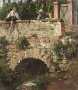 Three Children At A Stone Bridge. Oil/canvas/cardboard, Signed And Inscribed "roma" Three Children At A Stone Bridge. Oil/canvas/cardboard, Signed And Inscribed "roma"