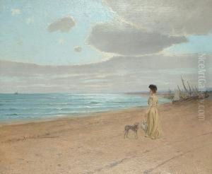 A Lady Looking Out To Sea With A Grey Hound.