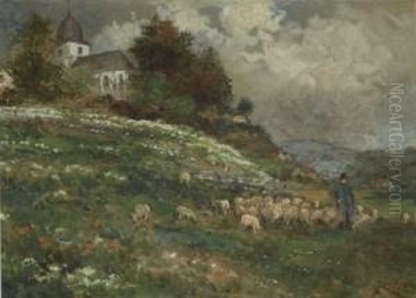 Mittelgebirgslandschaft Mit Schafer Und Herde - view 1