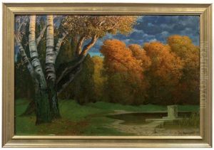 Herbstliche Parklandschaft Mit Einem Postament Am Weiher by Eduard Rudisuhli