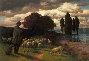 Schafer Mit Seiner Herde Am Abendlichen Fluss