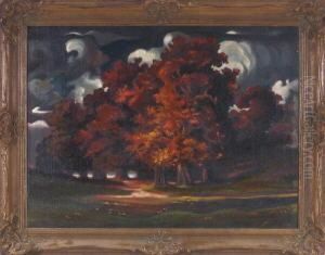 Herbstliche Baumgruppe Bei Gewitterstimmung
