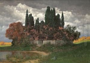 In Herbstlandschaft Unter Dunklen Regenwolken Von Einer Mauer Umzaumter Zypressenhain. In Herbstlandschaft Unter Dunklen Regenwolken Von Einer Mauer Umzaumter Zypressenhain.