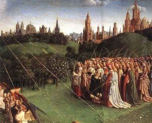 The Ghent Altarpiece, Adoration of the Lamb [detail top right 1] by Jan Van Eyck