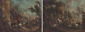 A Cavalry Skirmish By A Fortified Tower; And A Cavalry Skirmish With A Castle Beyond by Georg Philipp Rugendas I