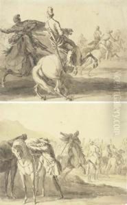 A Cavalry Skirmish; And A Cavalier Mounting His Horse, The Squadronforming Beyond by Georg Philipp Rugendas I