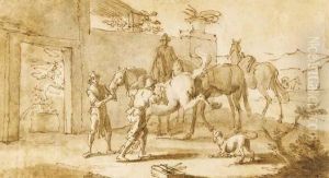 A Blacksmiths Yard With A Kicking Horse by Georg Philipp Rugendas I