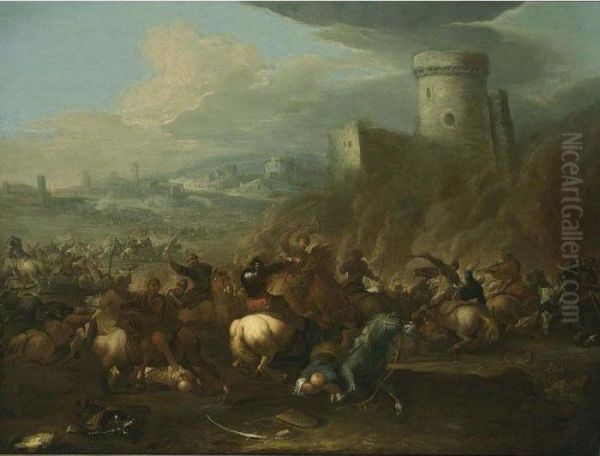 A Cavalry Battle Scene Between
Turkish And Christian Troops, With A View Of A Town Beyond - view 1